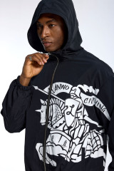Custom Oversized Black Windbreaker - Knight Print & Hooded Detail High Street Coat