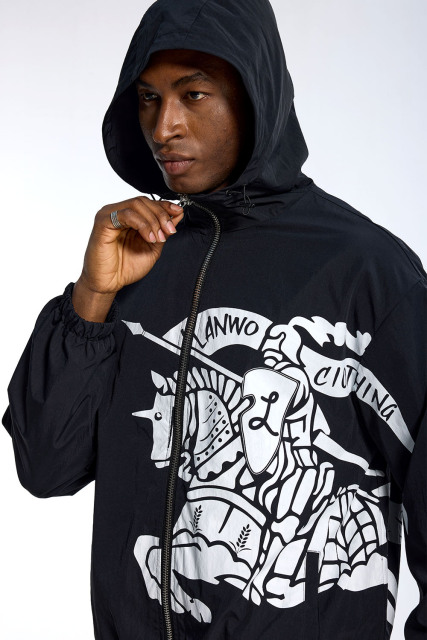 Custom Oversized Black Windbreaker - Knight Print & Hooded Detail High Street Coat