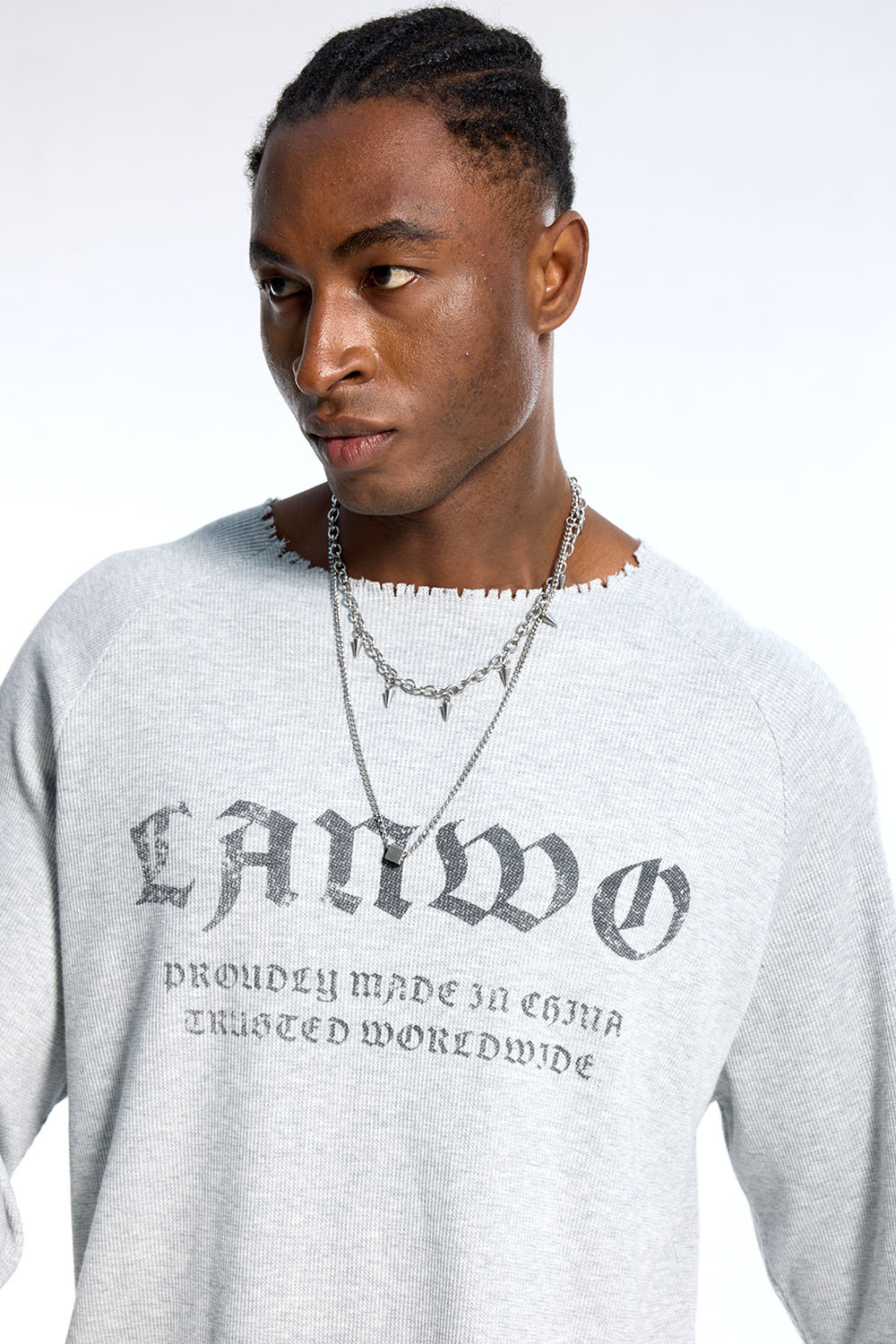 Custom Oversized Grey Long Sleeve - Raw Edge Neck & Gothic Print Detail High Street Top