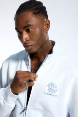 Custom Cropped Light Blue Sweatshirt - Washed Finish & Embroidered Logo Detail High Street Top