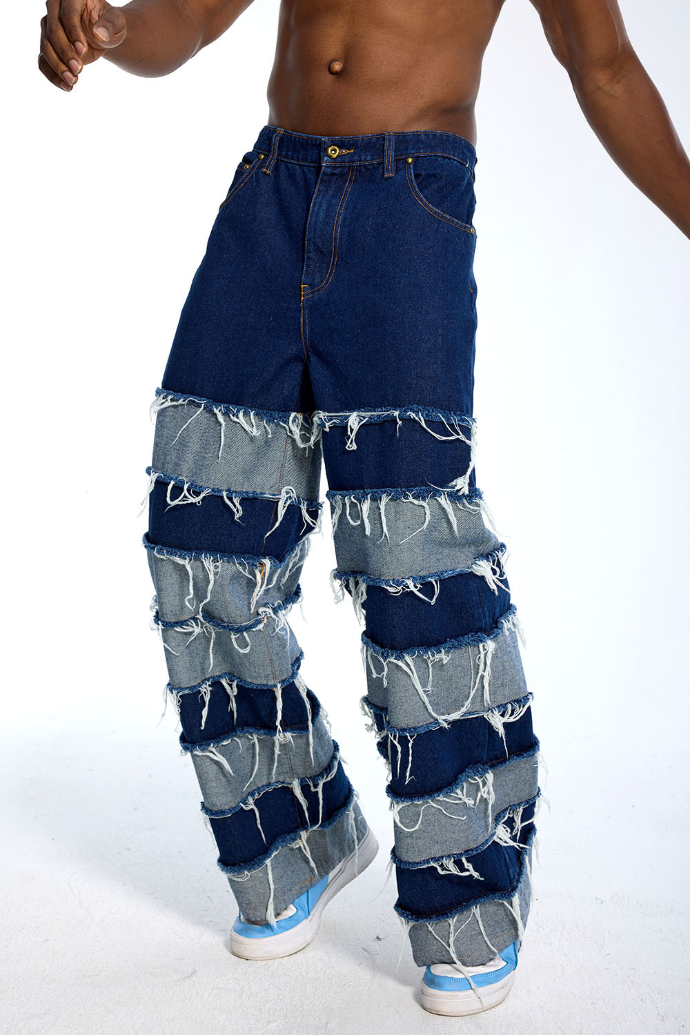 Custom Oversized Wide-Leg Jeans - Layered Patch & Fringe Detail High Street Trousers