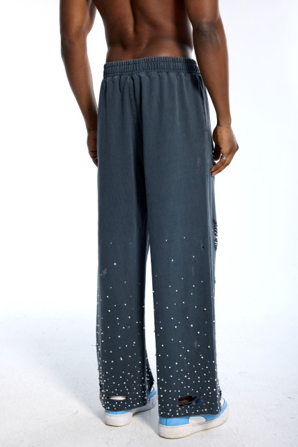 Custom Oversized Distressed Sweatpants - Pearl Stud & Rip Detail High Street Trousers