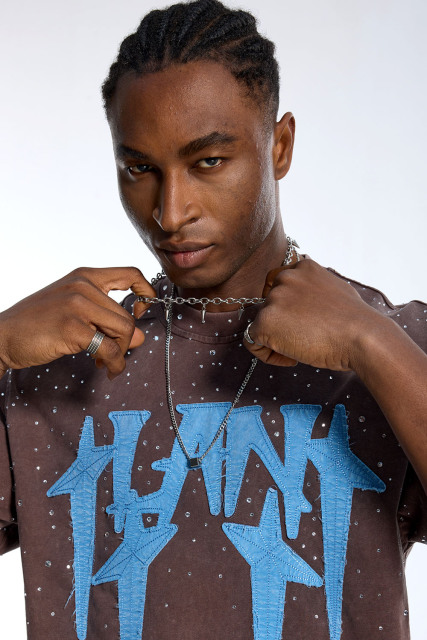 Custom Oversized Washed T-Shirt - Rhinestone & Patch Detail High Street Tee