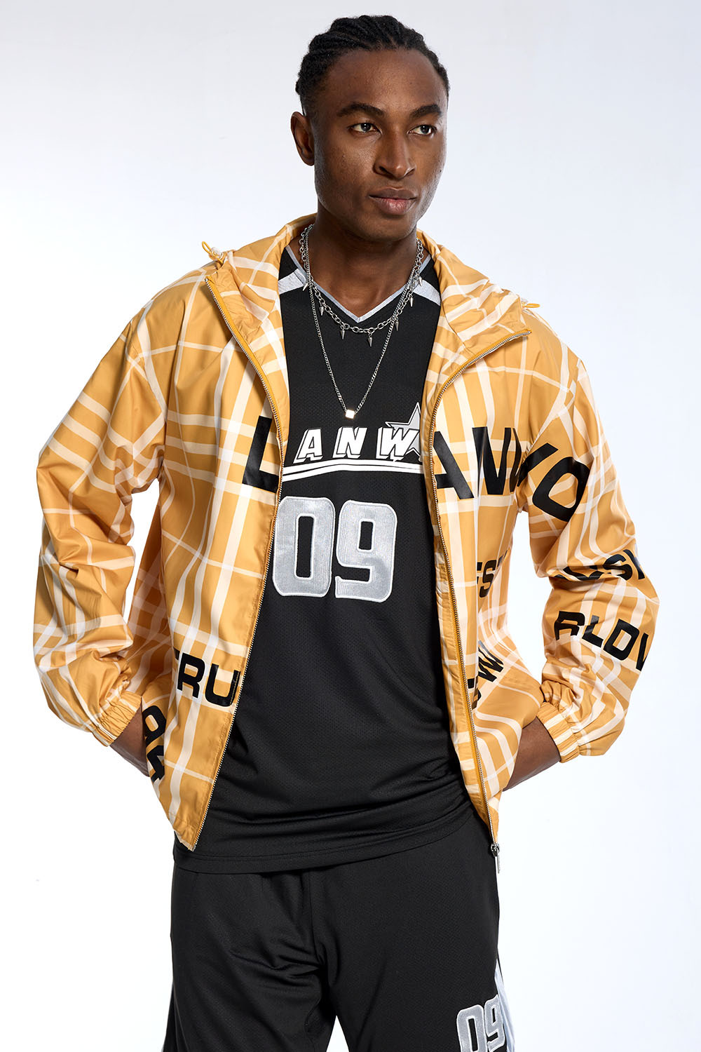 Custom Oversized Plaid Jacket - Text Print & Hooded Detail High Street Coat
