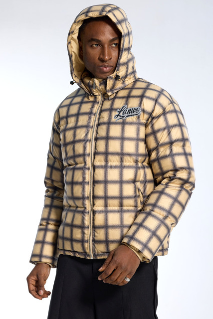 Custom Oversized Plaid Puffer Jacket - Beige & Black Check High Street Puffer Coat