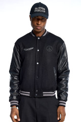 Custom Streetwear Black Varsity Jacket - Contrast Leather Sleeves & Embroidered Detail Casual Bomber