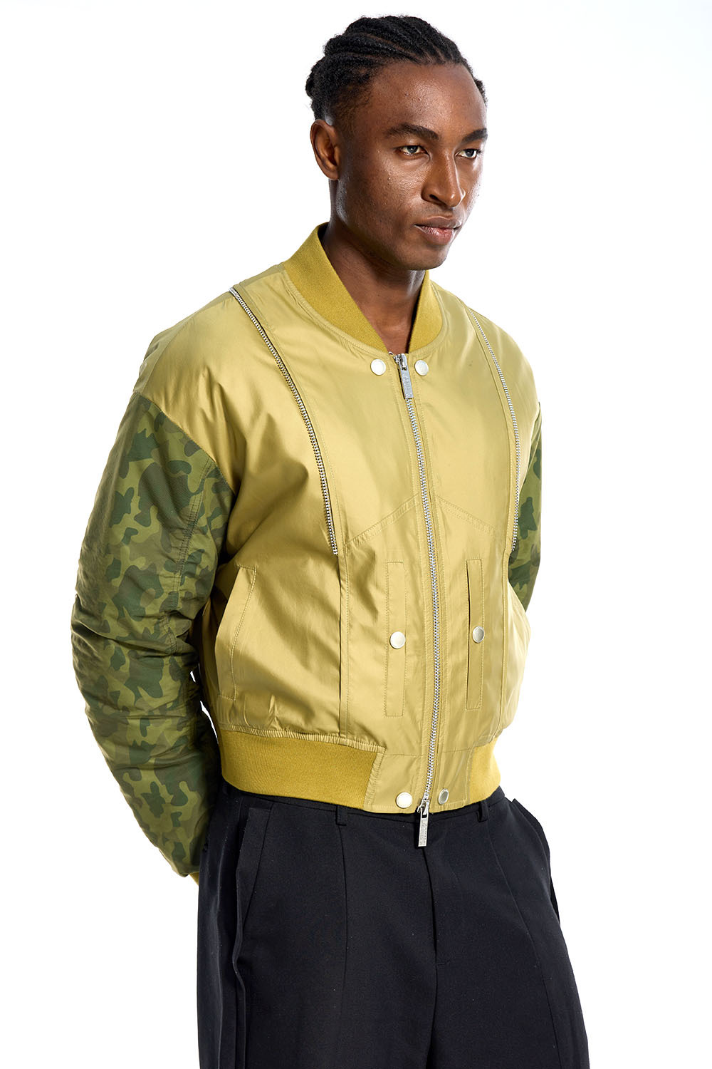 Custom Oversized Khaki Bomber Jacket - Camo Sleeve & Zipper Detail High Street Coat