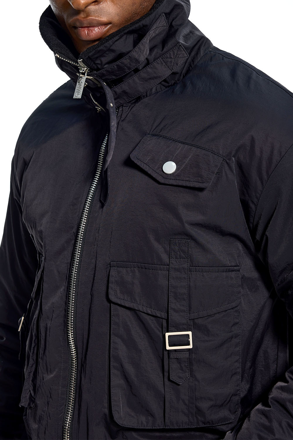 Custom Oversized Black Bomber Jacket - Cargo Pocket & Buckle Detail High Street Coat