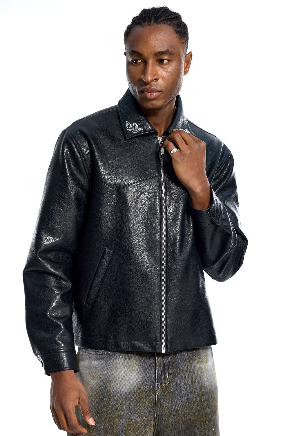 Custom Oversized Black Leather Jacket - Crackle Texture & Collar Embroidery High Street Coat