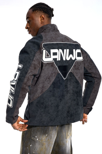 Custom Oversized Dark Grey Jacket - Bat Embroidery & Lightning Bolt Patch High Street Coat