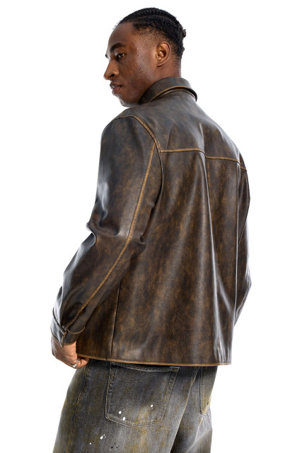 Custom Oversized Brown Leather Jacket - Vintage Wash & Utility Pocket Detail High Street Coat