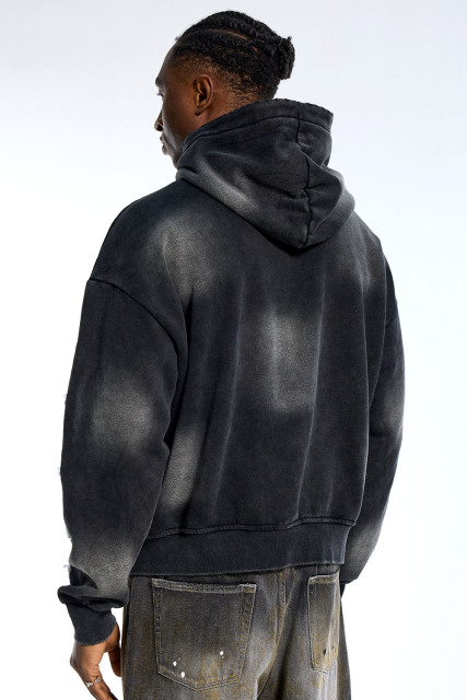 Custom Oversized Black Wash Hoodie - Face Patch & Distressed Sleeve Detail High Street Sweatshirt