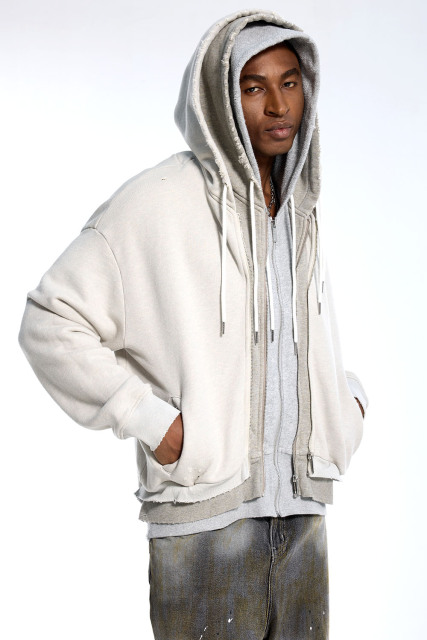 Custom Oversized Beige & Grey Hoodie - Distressed Hem & Double Hood Detail High Street Sweatshirt