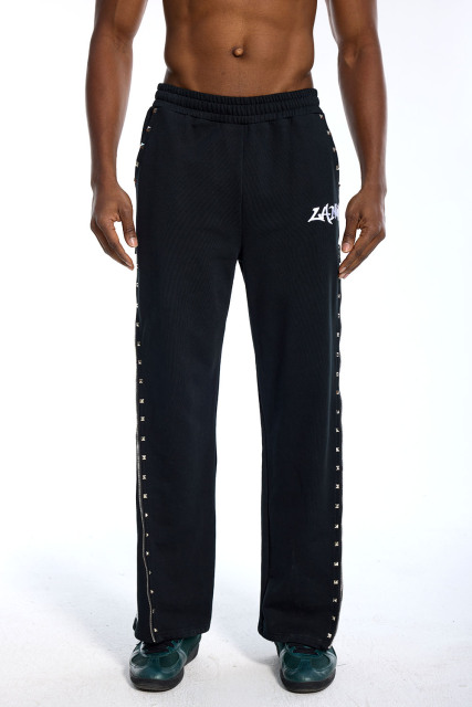 Custom Oversized Black Track Pants - Zipper & Stud Detail High Street Trousers