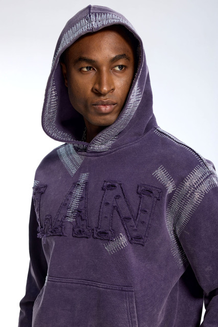 Custom Streetwear Purple Hoodie - Vintage Wash & Silver Stripe Accent Casual Pullover