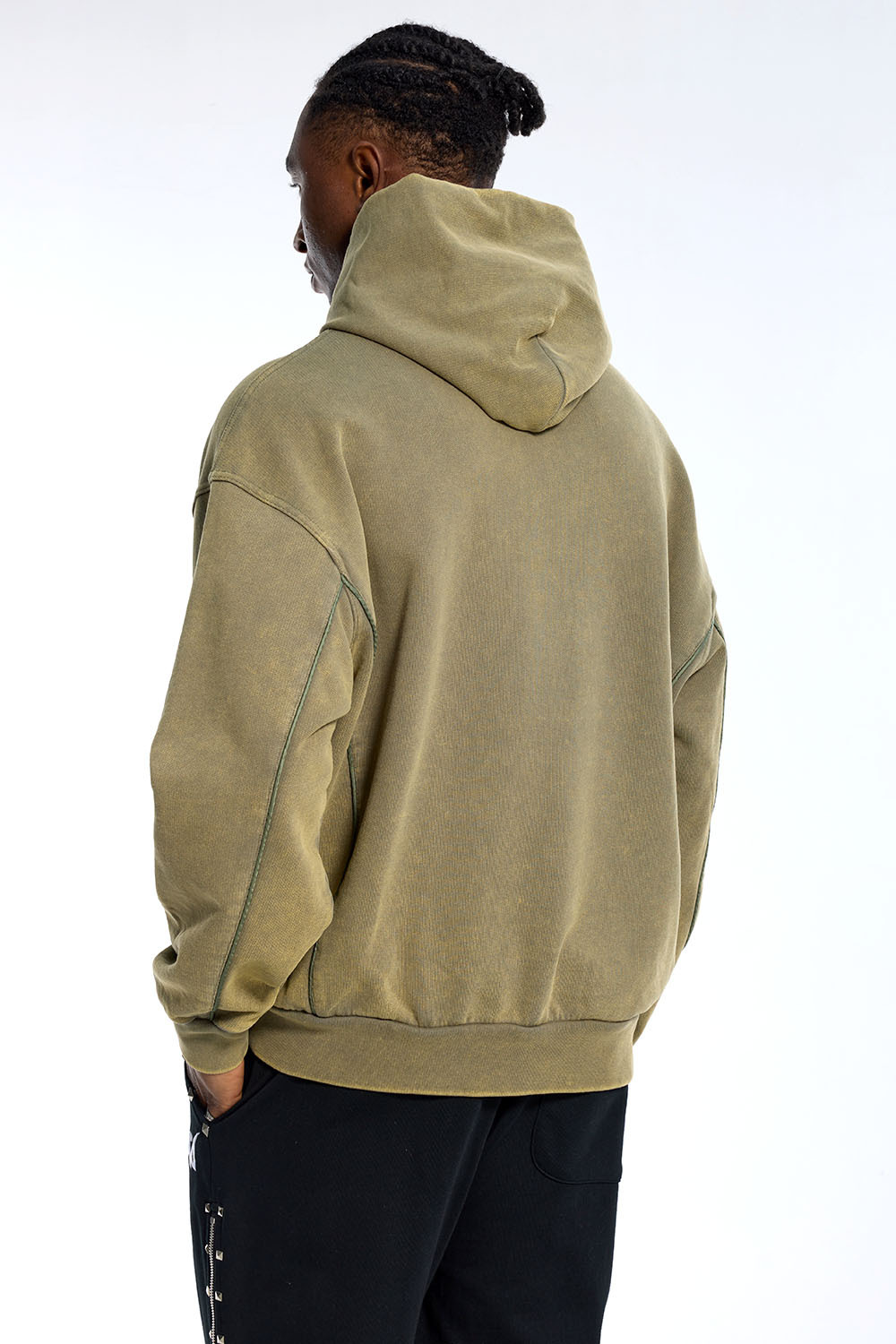 Custom Oversized Olive Hoodie - Vintage Wash & Seam Detail High Street Sweatshirt