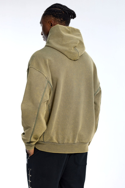 Custom Oversized Olive Hoodie - Vintage Wash & Seam Detail High Street Sweatshirt