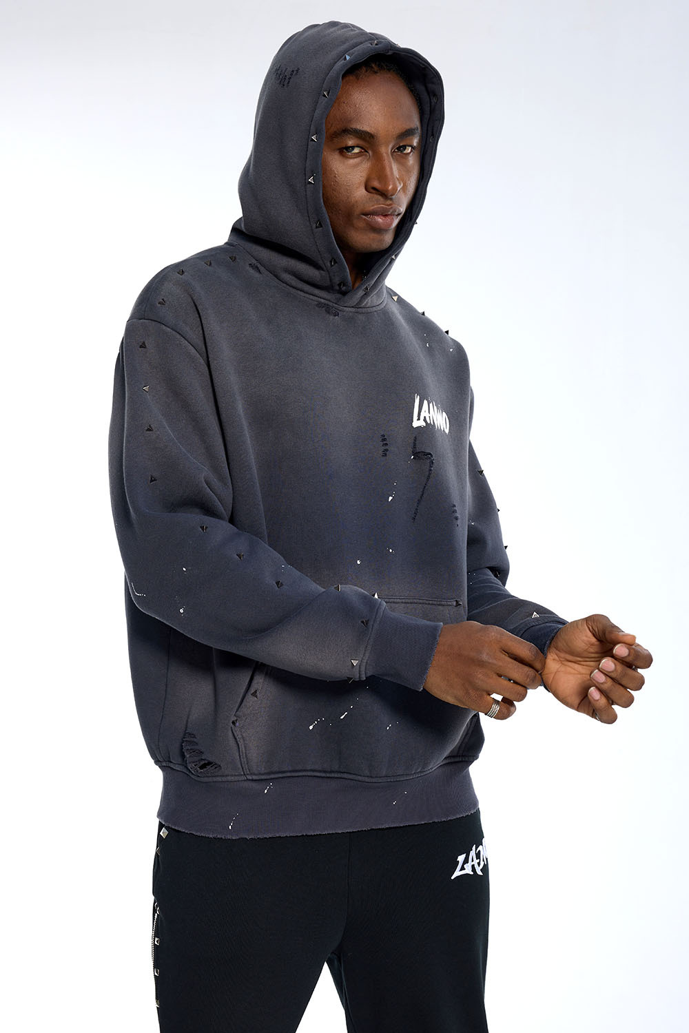 Custom Oversized Dark Grey Hoodie - Studded Detail & Paint Splatter High Street Sweatshirt