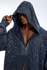 Custom Oversized Navy Wash Hoodie - Rhinestone Drip Detail High Street Sweatshirt