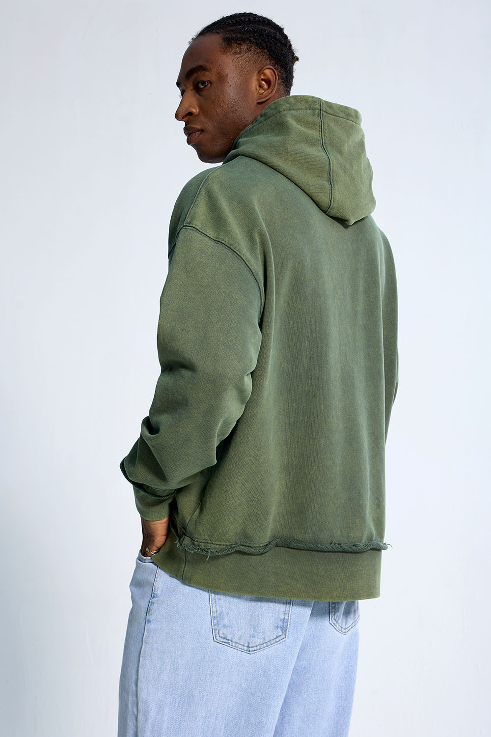 Custom Oversized Green Wash Hoodie - Embossed Detail & Raw Edge Fringe High Street Sweatshirt