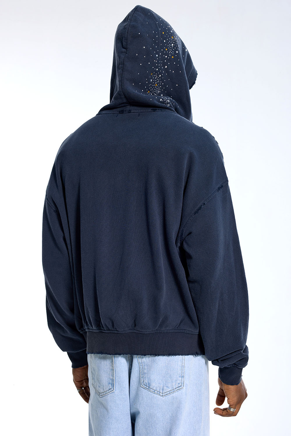 Custom Streetwear Distressed Hoodie - Star Rhinestone Embellished & Raw Edge Casual Jacket