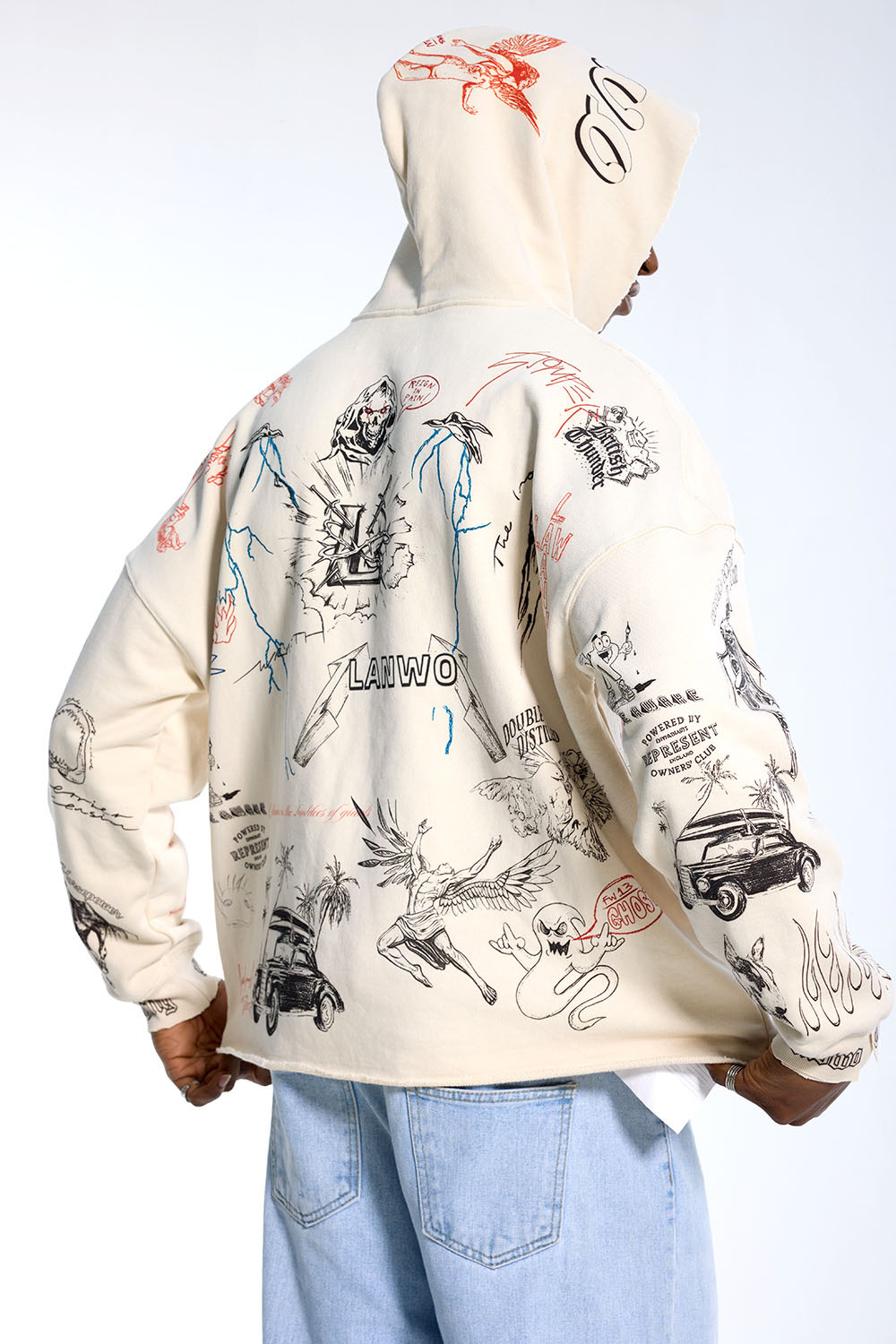 Custom Oversized Cream Hoodie - Multi-Graphic & Raw Edge Detail High Street Sweatshirt