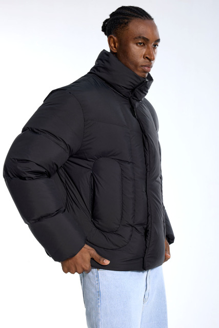 Custom Oversized Black Puffer Jacket - High Collar & U-Shaped Quilt Detail