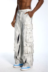 Custom Oversized White Cargo Pants - Multi-Pocket & Distressed Hole Detail High Street Trousers