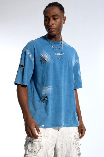 Custom Vintage Blue Washed T-Shirt - Safety Pin Embellished & Oversized Fit