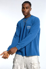 Custom Oversized Blue Long Sleeve T-Shirt - Distressed Hole Detail High Street Top