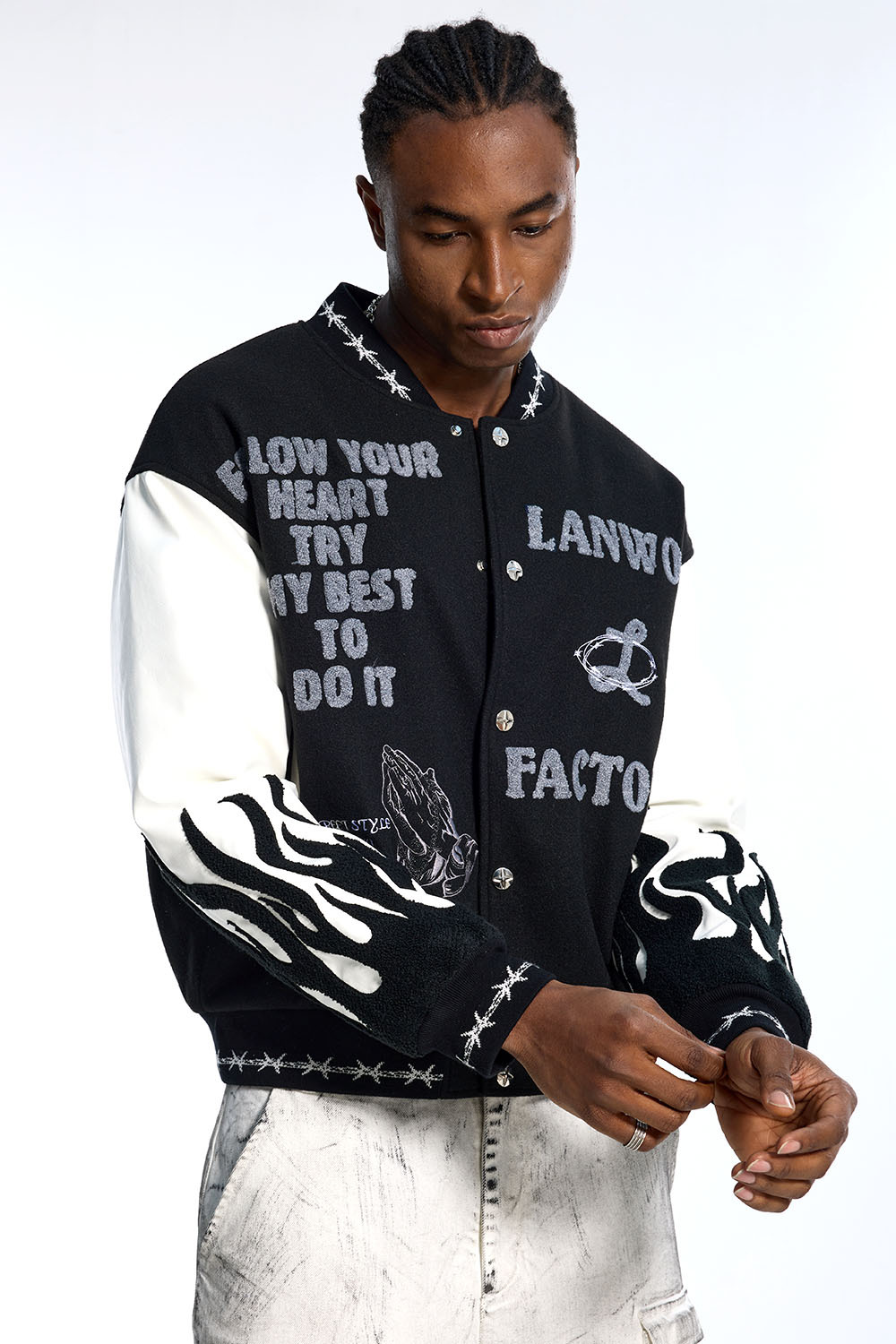 Custom Oversized Black Varsity Jacket - Leather Sleeve & Chenille Patch Detail High Street Coat