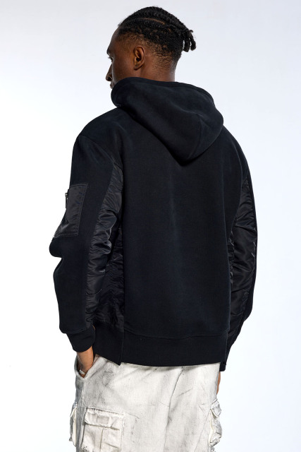 Custom Oversized Black Hoodie - Quilted Nylon Sleeve Detail High Street Sweatshirt