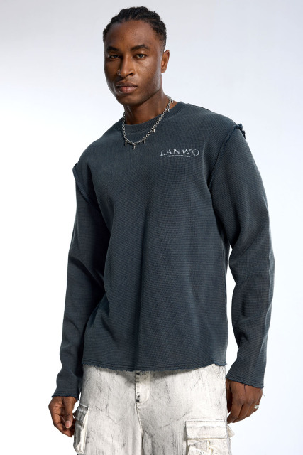 Custom Oversized Dark Grey Long Sleeve - Waffle Knit & Raw Edge Detail High Street Top