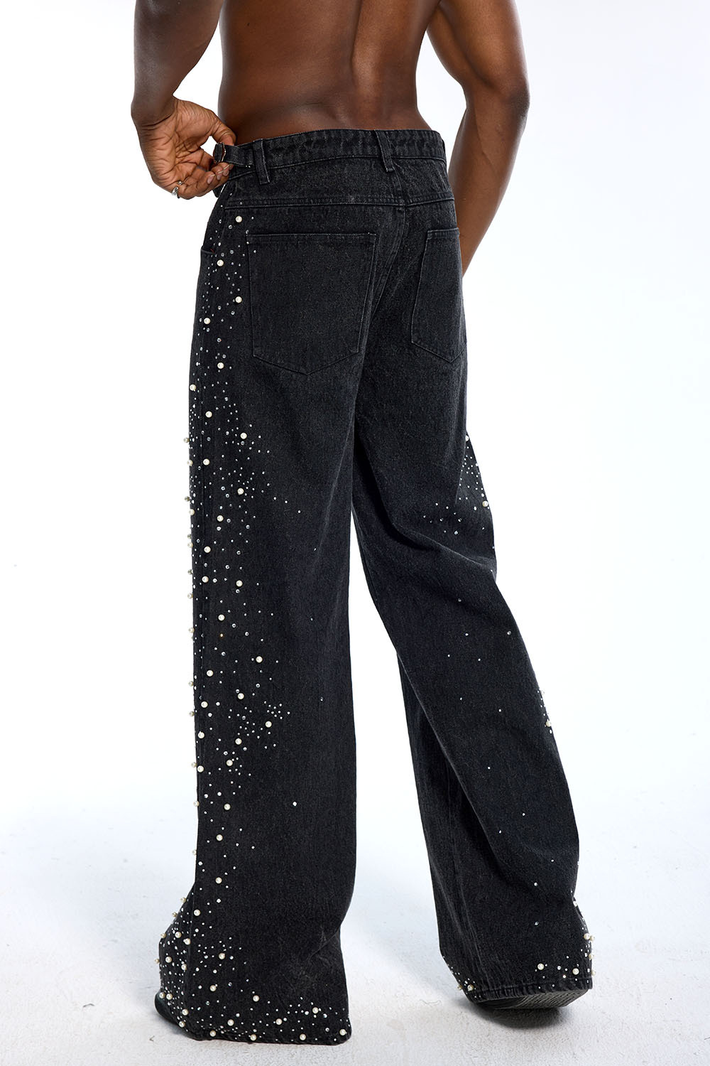 Custom Vintage Black Washed Jeans - Flare Leg & Pearl Rhinestone Accent Streetwear Pants