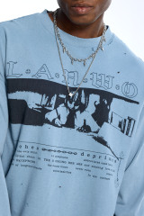 Custom Oversized Light Blue Long Sleeve - Distressed Hole & Graphic Detail High Street Top