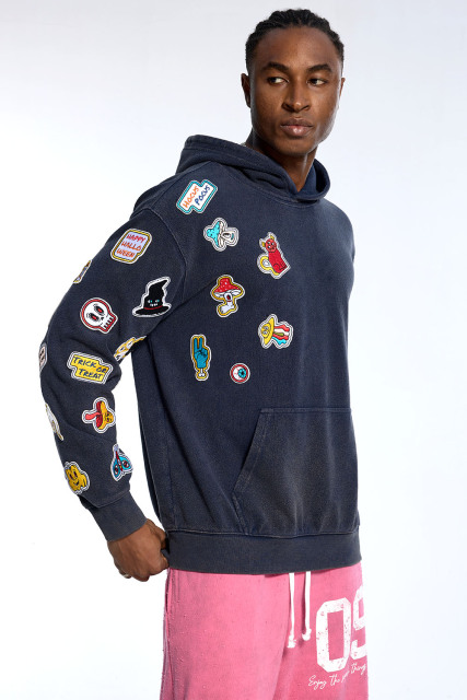 Custom Oversized Navy Hoodie - Vintage Wash & Cartoon Patch Detail High Street Sweatshirt