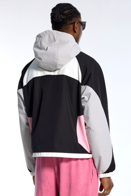 Custom Oversized Color Block Windbreaker - Zip Pocket & Hooded Detail High Street Coat