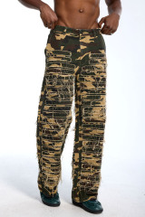 Custom Oversized Camo Jeans - Distressed Fringe & Patch Detail High Street Trousers