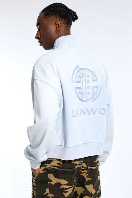 Custom Cropped Light Blue Sweatshirt - Washed Finish & Embroidered Logo Detail High Street Top