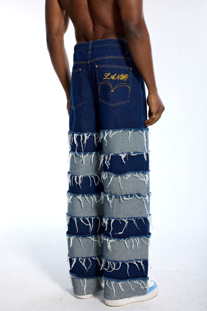 Custom Oversized Wide-Leg Jeans - Layered Patch & Fringe Detail High Street Trousers