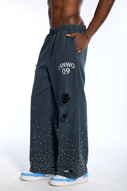 Custom Oversized Distressed Sweatpants - Pearl Stud & Rip Detail High Street Trousers