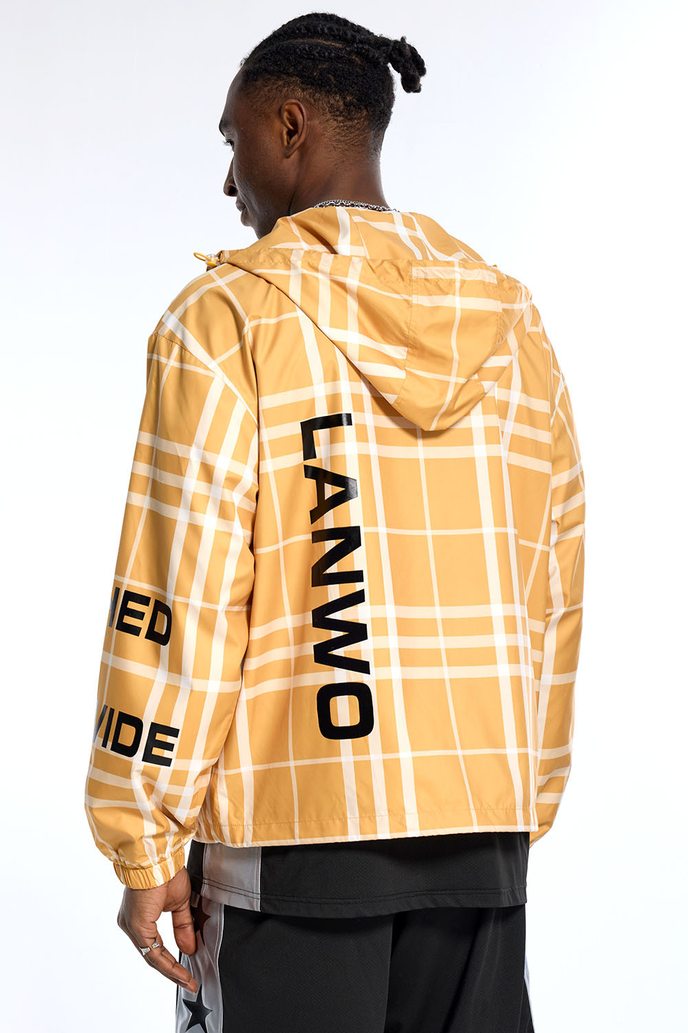 Custom Oversized Plaid Jacket - Text Print & Hooded Detail High Street Coat