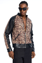 Custom Oversized Leopard Print Bomber Jacket - Black Leather Sleeve Detail High Street Coat