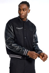 Custom Streetwear Black Varsity Jacket - Contrast Leather Sleeves & Embroidered Detail Casual Bomber