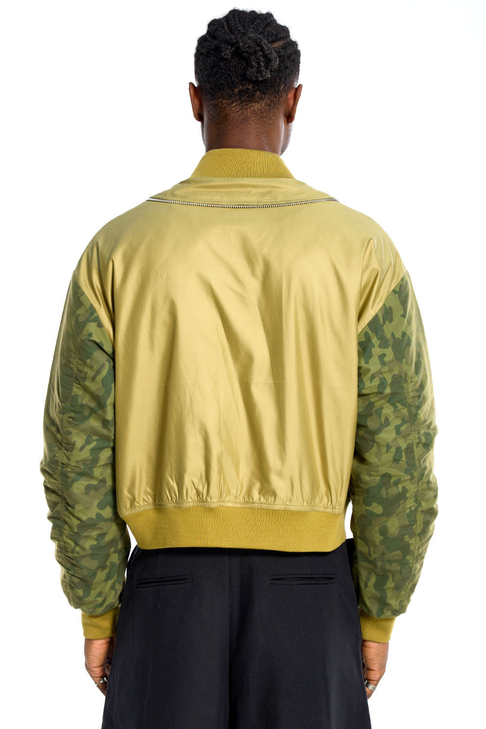 Custom Oversized Khaki Bomber Jacket - Camo Sleeve & Zipper Detail High Street Coat