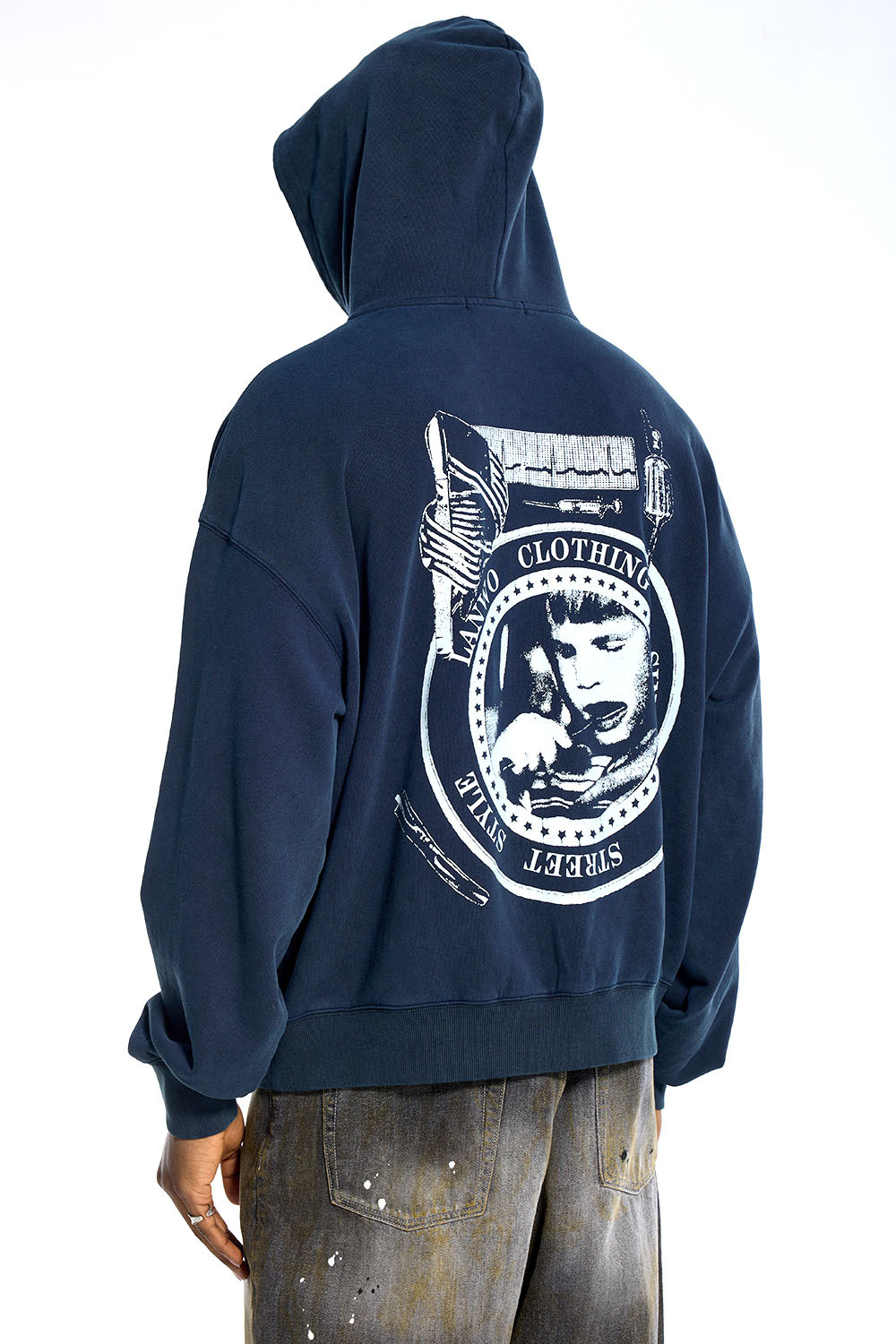 Custom Streetwear Distressed Hoodie Vintage Print & Kangaroo Pocket Casual Pullover