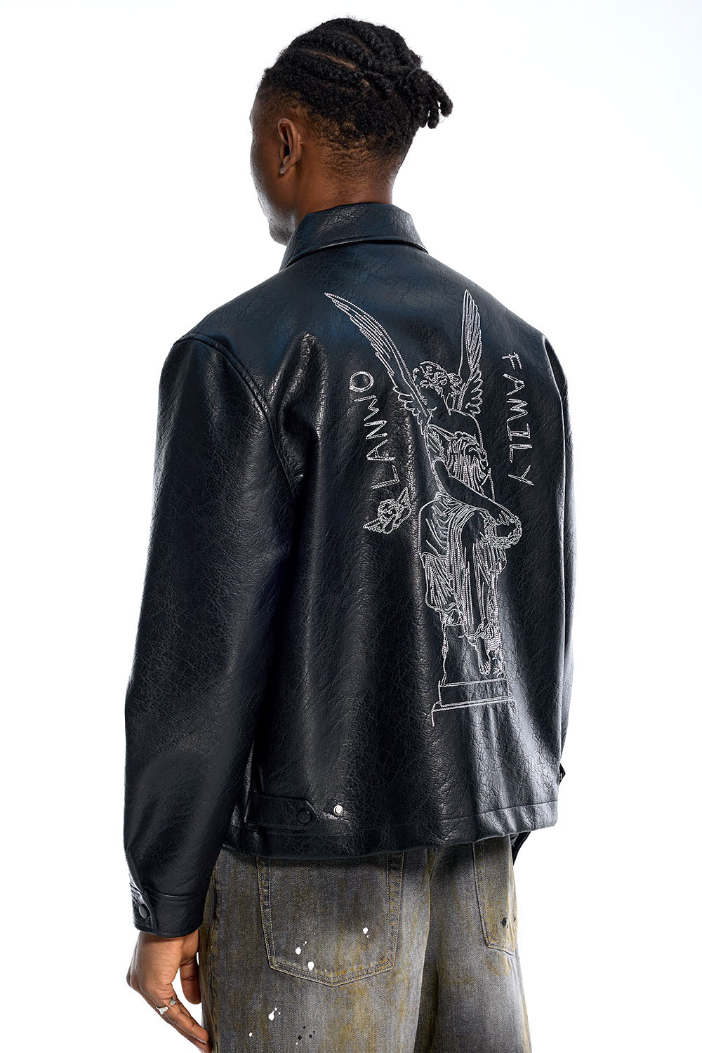 Custom Oversized Black Leather Jacket - Crackle Texture & Collar Embroidery High Street Coat