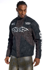 Custom Oversized Dark Grey Jacket - Bat Embroidery & Lightning Bolt Patch High Street Coat