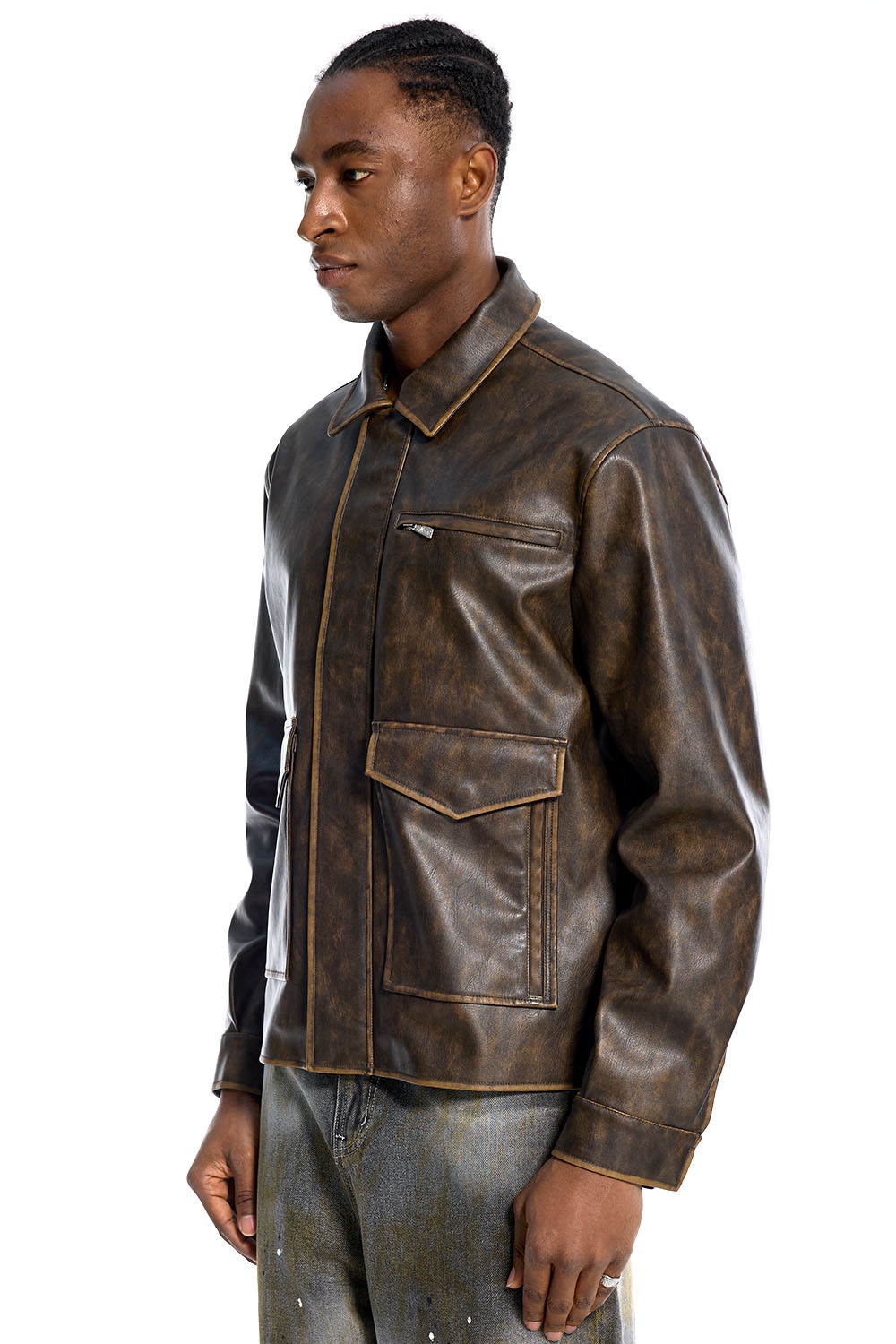 Custom Oversized Brown Leather Jacket - Vintage Wash & Utility Pocket Detail High Street Coat
