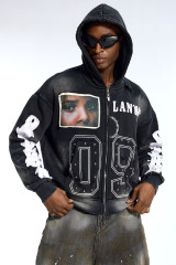 Custom Oversized Black Wash Hoodie - Face Patch & Distressed Sleeve Detail High Street Sweatshirt